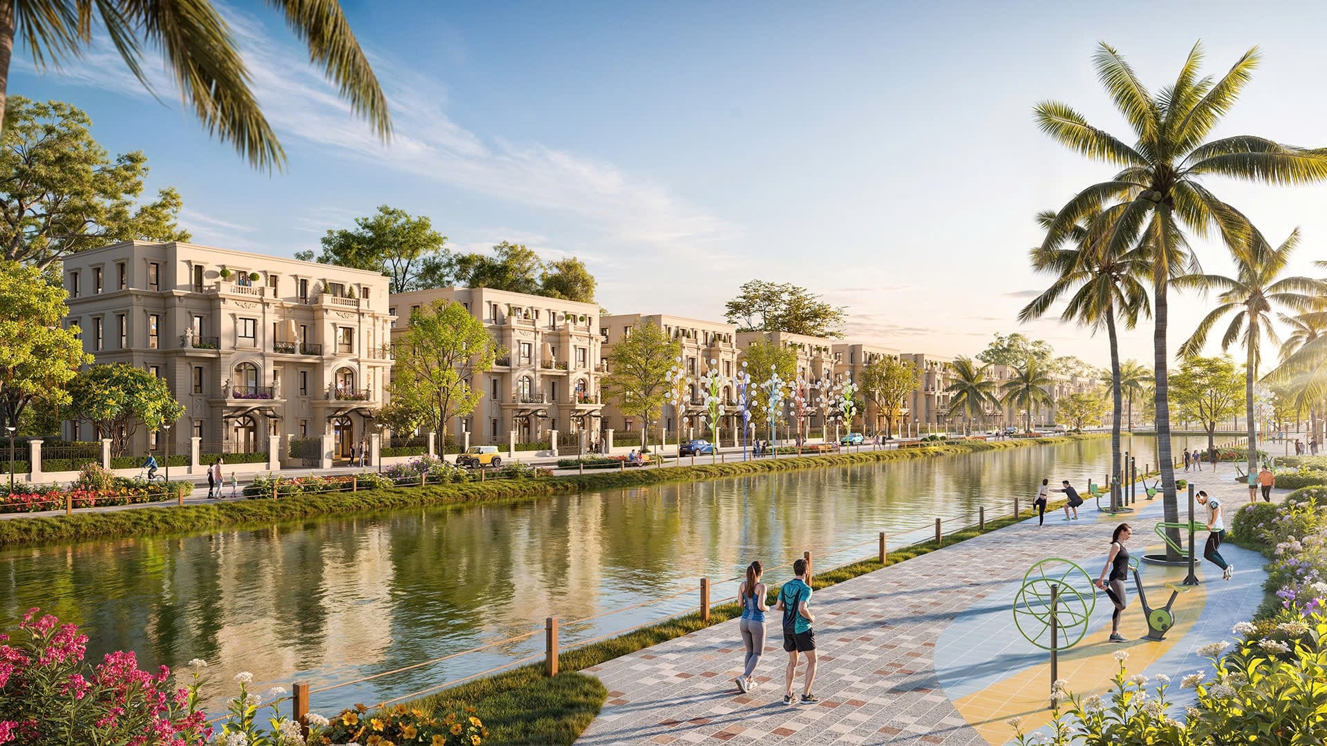 Phối cảnh khu biệt thự Vinhomes Hòa Long – Bắc Ninh bên dòng kênh xanh, với cư dân tập thể dục và đi bộ trong không gian cảnh quan cây xanh, hoa cỏ, hàng dừa và kiến trúc nhà ở tân cổ điển sang trọng