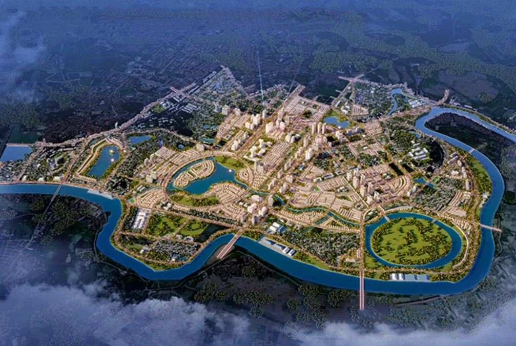 Shophouse Vinhomes Hòa Long Bắc Ninh – Cơ hội đầu tư tại đô thị hiện đại 2 Phối cảnh tổng thể dự án Vinhomes Hòa Long – Bắc Ninh nhìn từ trên cao, nổi bật với hệ thống sông bao quanh, các khu nhà ở cao tầng, thấp tầng, công viên trung tâm và tiện ích đa dạng được quy hoạch đồng bộ.