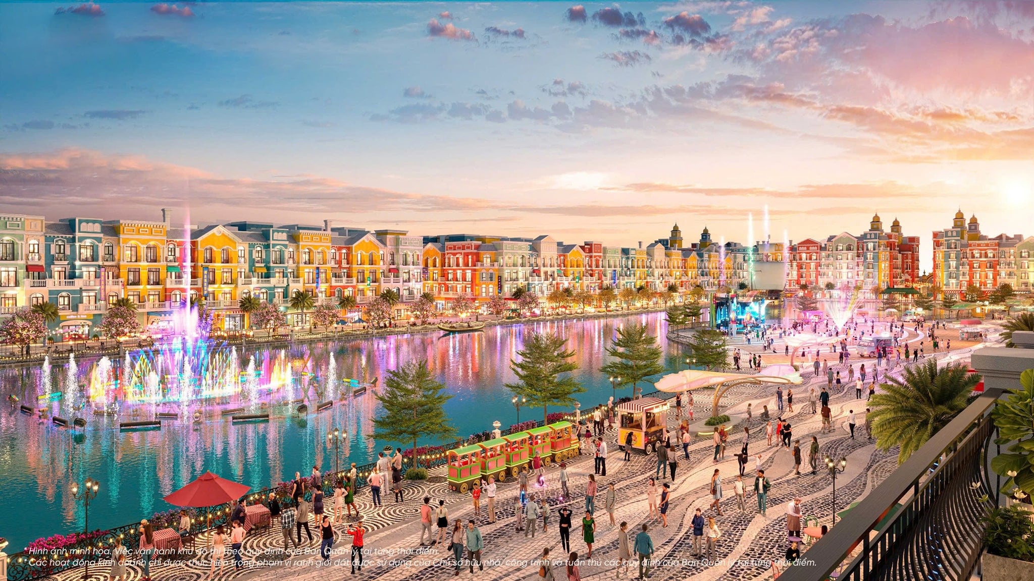 Phố đi bộ rực rỡ sắc màu với các dãy nhà shophouse phong cách châu Âu, đài phun nước nhạc ánh sáng và quảng trường sôi động tại dự án Vinhomes Hòa Long – Bắc Ninh.